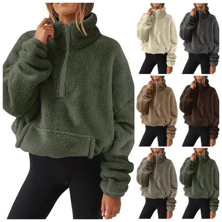 zaveiop Women s Sherpa Fleece Half-Zip Pullover - Cozy Warm Long Sleeve Sweatshirt Cinchable Outerwear with Pockets (Yellow L) | Walmart (US)