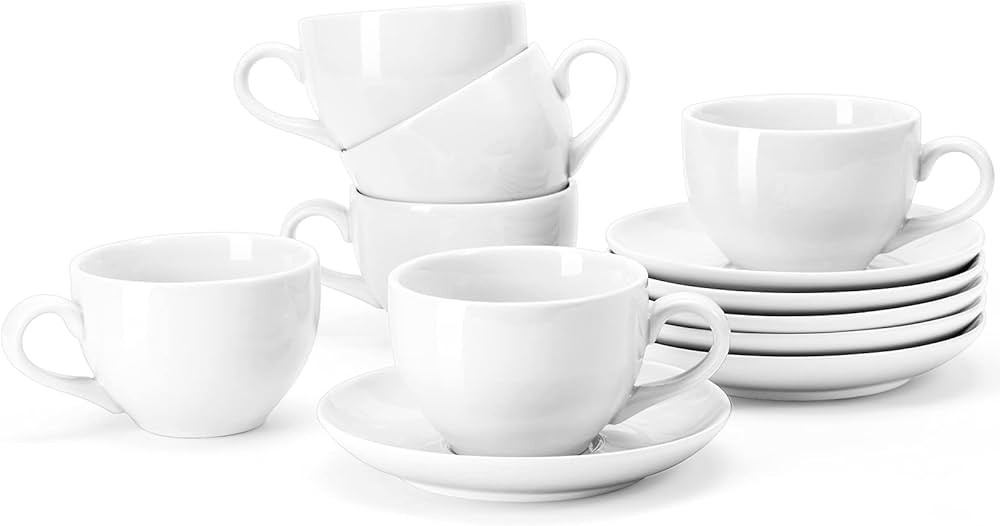 Yedio Porcelain Coffee Cups Set with Saucer, 6 Ounce White Porcelain Cup and Saucer Set for Cappu... | Amazon (US)