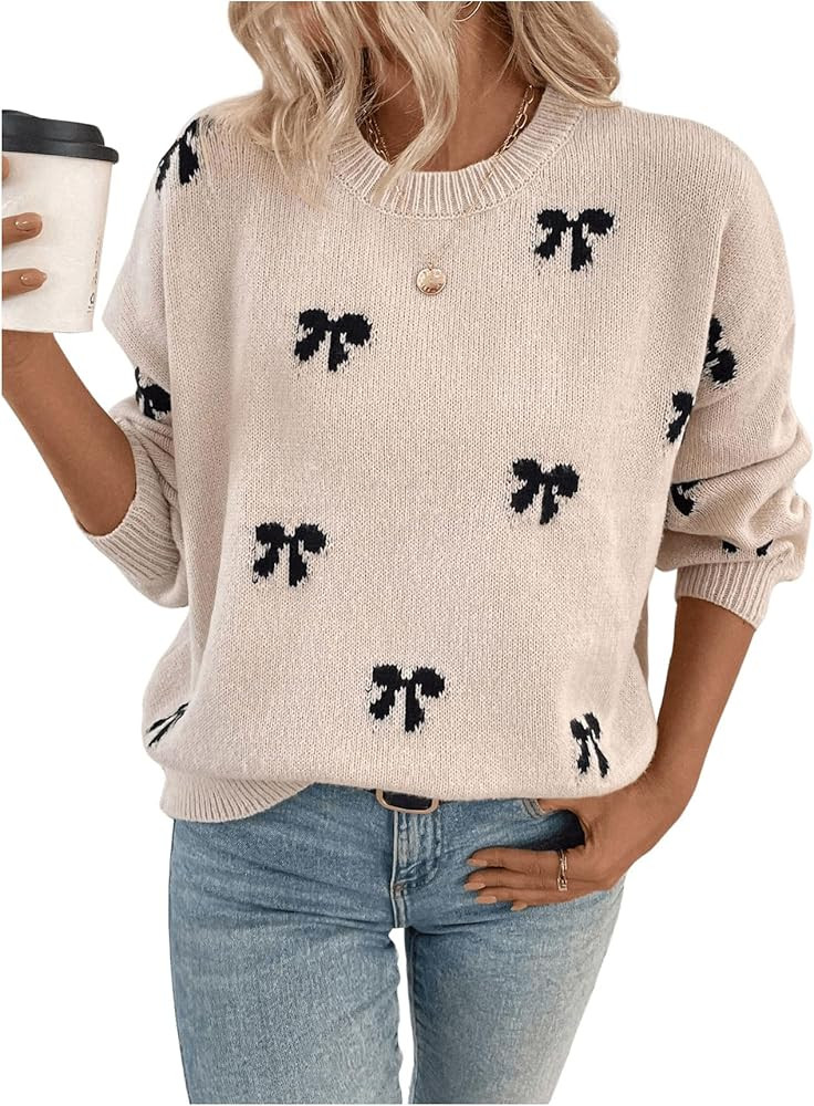 Milumia Women's Bow Print Knit Sweater Crew Neck Drop Shoulder Long Sleeve Knitted Pullover Top K... | Amazon (US)