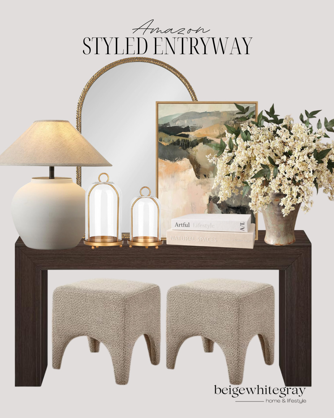 Amazon Styled Entryway, entryway decor ideas, Amazon entryway decor, entryway table styling, dark wood console table, arched gold mirror, neutral home decor, oversized table lamp, decorative lanterns, faux floral arrangement, landscape artwork, boucle stools, foyer decorating ideas, modern traditional decor, luxury entryway design, designer inspired home decor, Amazon home finds, welcoming entryway, neutral aesthetic home, organic modern entryway, affordable home styling

#LTKHome