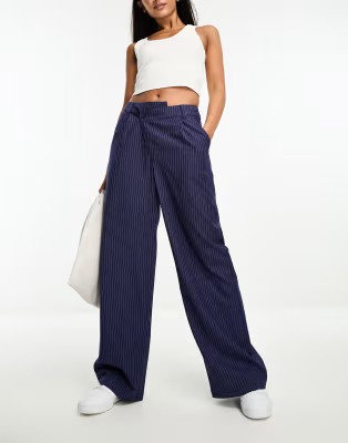 ASOS DESIGN dad pants with asymmetric waist in navy stripe | ASOS (Global)