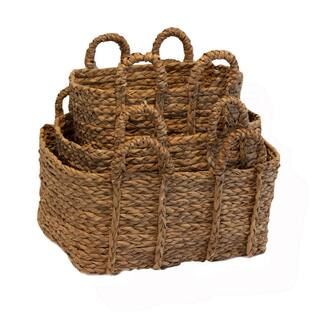BAUM Rectangle Braided Rush Baskets with Ear Handles (Set of 3), Natural | The Home Depot
