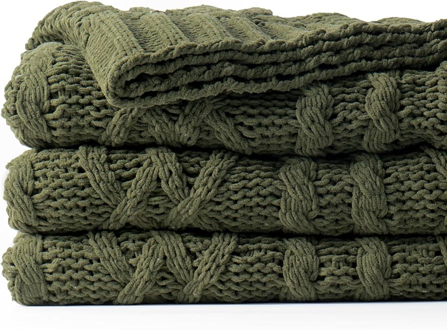 Battilo Olive Green Throw Blanket for Couch, Chunky Cable Knit Blanket, Woven Soft Cozy Chenille ... | Amazon (US)