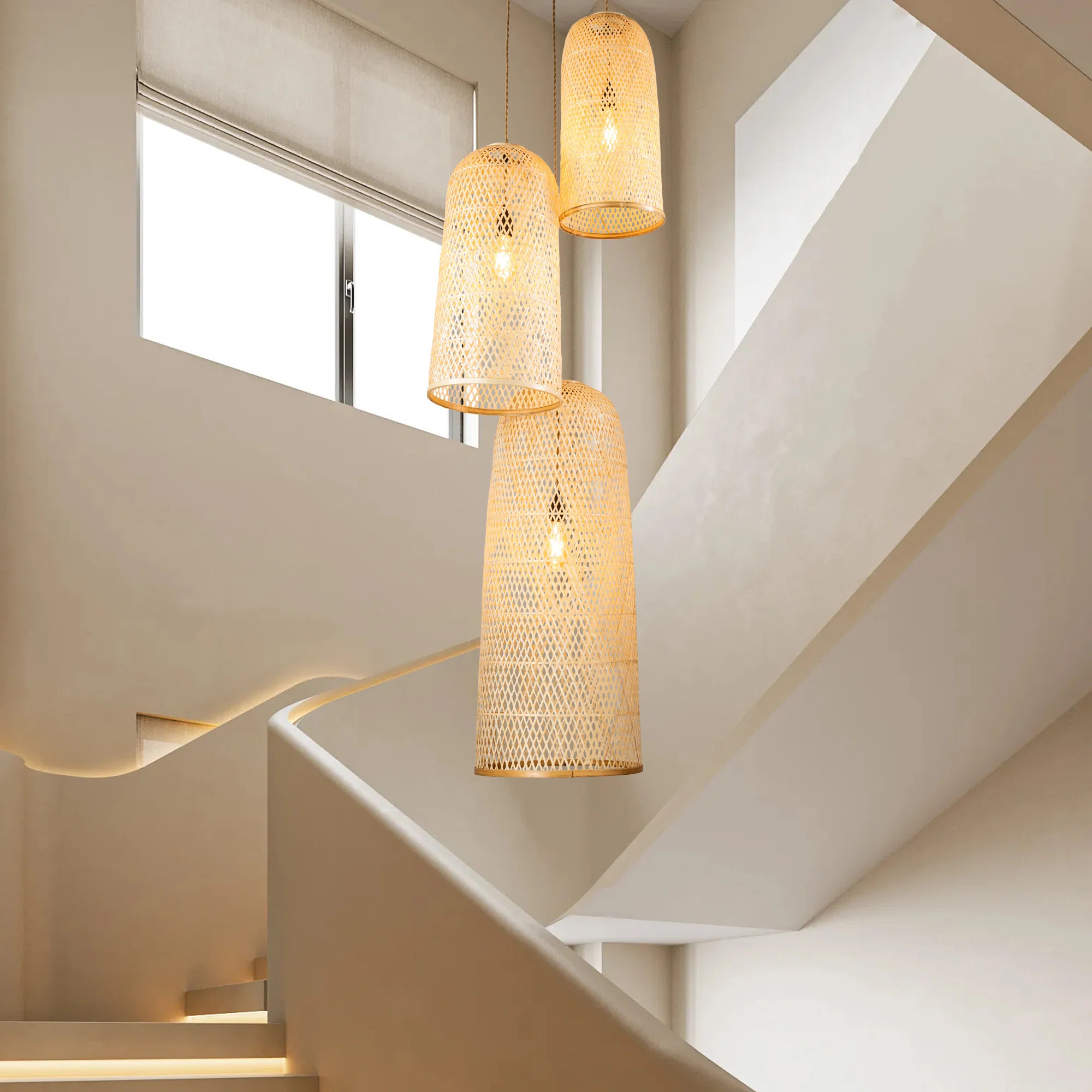 Dainna 3-light Natural Cluster Hanging Chandelier Pendant Large Airy Modern Rattan Staircase Chan... | Wayfair North America