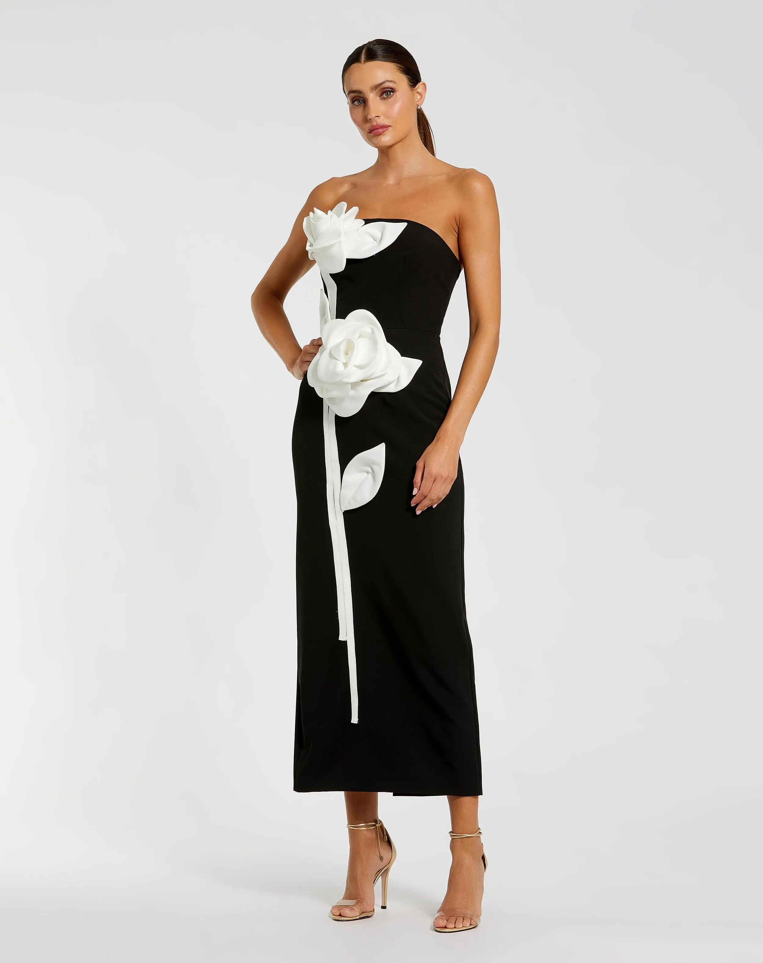 Black Strapless Crepe Dress With 3D Satin Flowers | Mac Duggal | Mac Duggal