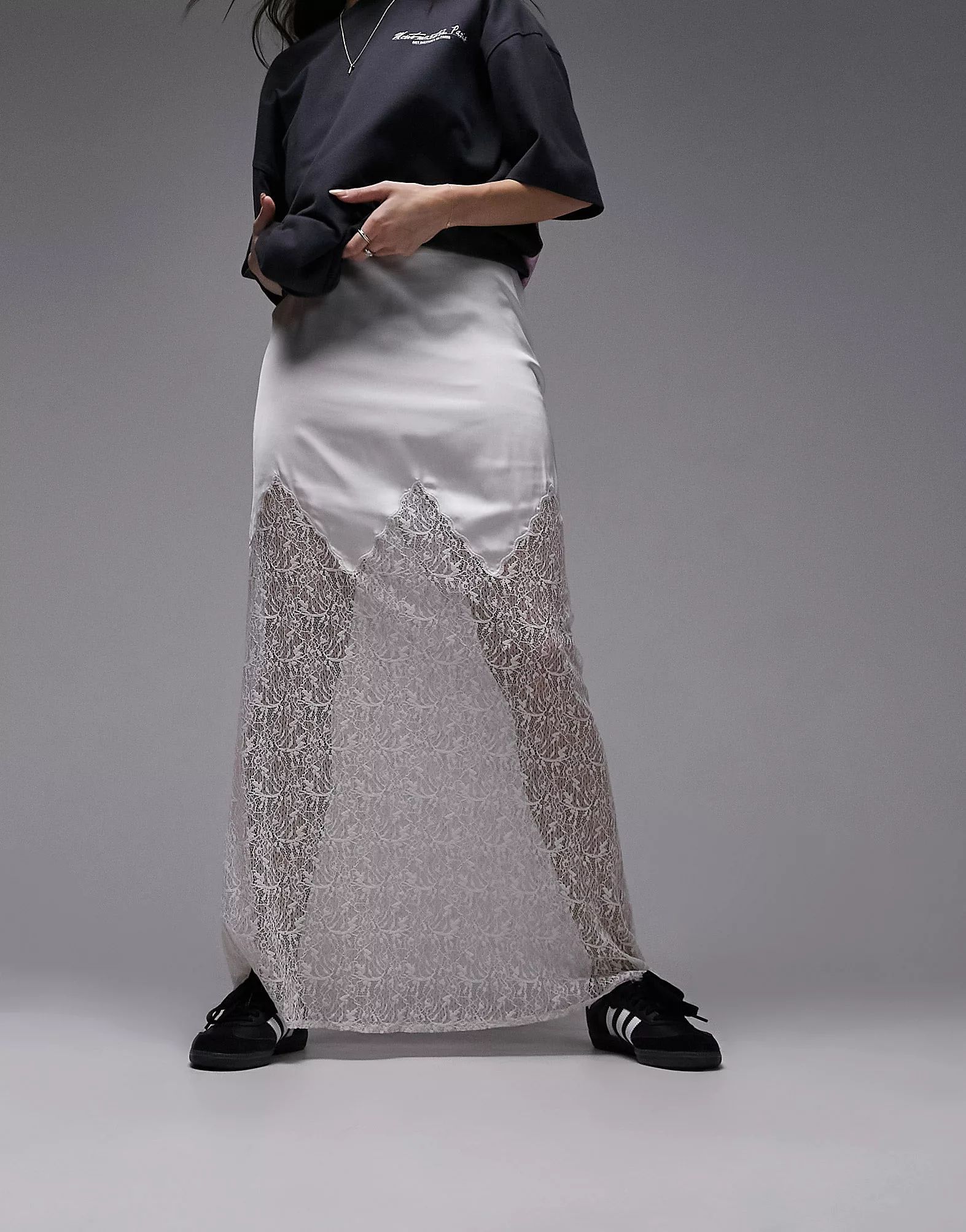 Topshop satin lace mix maxi skirt in oyster | ASOS | ASOS (Global)