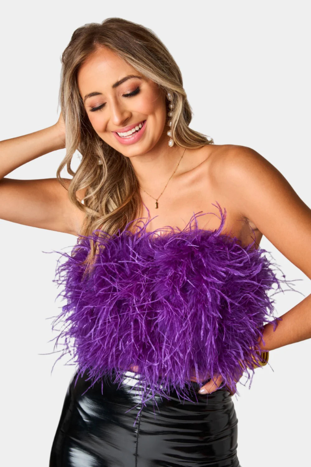 BuddyLove | Fancy Strapless Feather Crop Top | Purple | BuddyLove