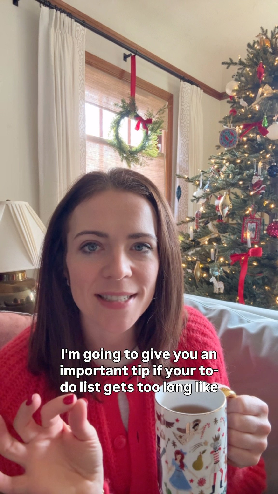 I love this tip for increasing productivity and reducing stress! Especially around the holidays when you’re adding all this holiday stuff to you’re already full regular schedule. I use my calendar instead of a to do list for tasks that take more than a few minutes, so I don’t stress about them until it’s time to do them, and then I can get them done at a time that I thought through! Have you tried this?
Wearing this fabulous Sezane sweater I yearned for the past two Christmas seasons! And using my favorite rifle paper co mug.

#LTKHoliday #LTKselfcare #LTKmomlife