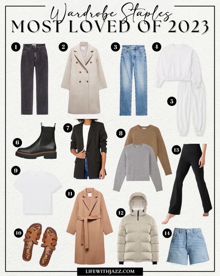 Most loved of 2023: wardrobe staples 🤍

1. Abercrombie ankle jeans - I wear size 25 regular tts
2. Mango cream coat xs
3. Madewell 90s straight jeans in enmore wash - i sized down two sizes but found that these run a bit small in the waist (23 regular) 
4 & 5: Abercrombie essential crew + sweatpants - coziest and warmest matching set I own xs in top and bottom 
6. Sam Edelman Chelsea lug sole boot - waterproof tts
7. Amazon the drop blazer xs - I could’ve sized down to xxs
8. Everlane body cashmere crews - heatherwood smoke & gray xs
9. Everlane tee - perfect box/shorter cut style xs
10. Sam Edelman bay slide sandal tts 
11. Mango camel coat - xs
12. Aritzia the super puff - available in over 40+ colors - I have xs in the original length 
13. Athleta flare leggings tts (i wear xs)
14. Agolde Parker long high waist shorts - I size down 1

+ Milo jeans - the absolute best elevated white pant 
+ Frye sneakers - most comfortable white sneakers perfect for lots walking (mine are in white)

Wardrobe staples / bestsellers / tee / jeans / shorts / sandals / waterproof boots / cashmere sweaters / coats / blazer / flare leggings 

#LTKworkwear #LTKSeasonal
