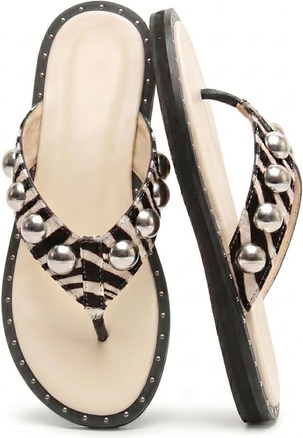 Riekhany Studded Thong Sandals for Women Round Clip Toe Slip On Flip Flops Slides Comfortable Con... | Amazon (US)