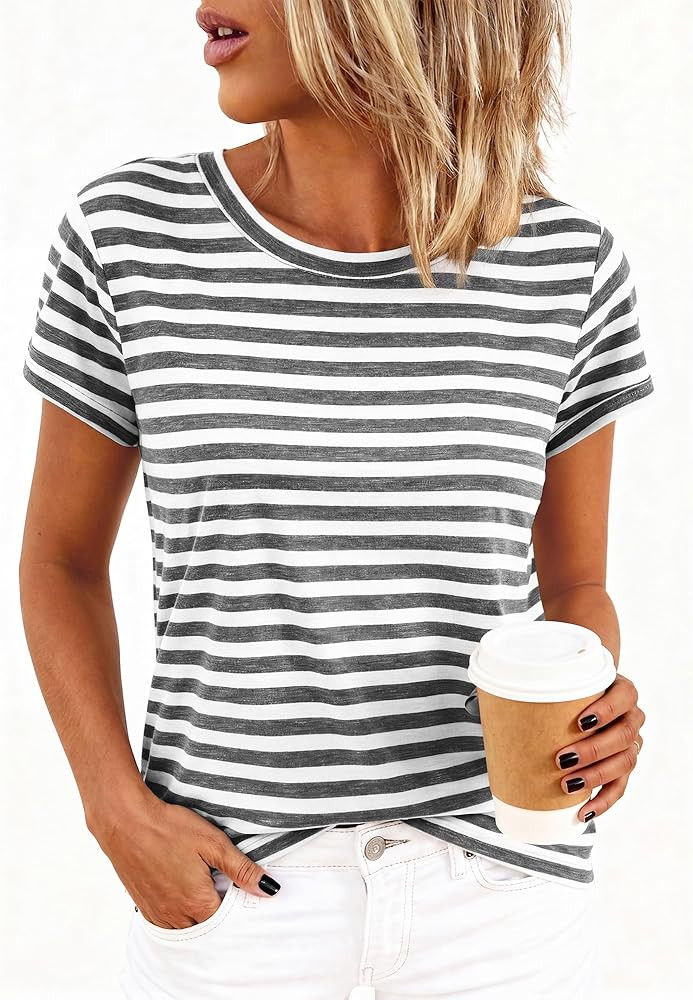 BTFBM Tops for Women Trendy Summer 2026 Crew Neck Short Sleeve T Shirts Striped Casual Vacation Blouse Basic Tee | Amazon (US)