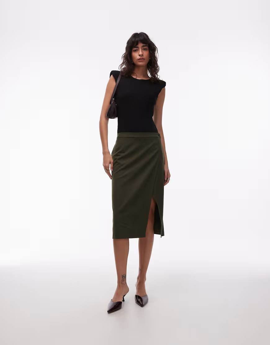 ASOS DESIGN awkward length wrap skirt in olive green | ASOS (Global)
