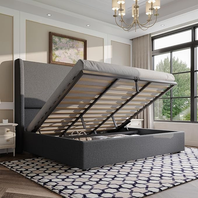 AMERLIFE Lift Up Storage Bed King Size Linen Upholstered Platform Bed Frame, Hydraulic Storage,Mo... | Amazon (US)