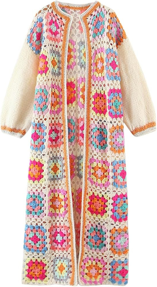 Women's Colored Plaid Flower Hand Crochet Cardigan Vintage Woman Long Sweater Knitwear Jumper | Amazon (US)