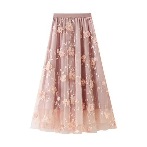 jinghuiyue Women's Midi Tulle Skirts Floral Embroidery Layered Print Fairy Skirts Elastic Waist A-Line Mesh Skirt(Flower Pink) | Amazon (US)