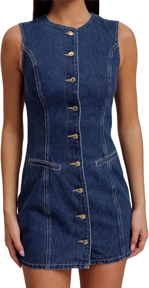 Women's Denim Mini Dress Sleeveless Crewneck Button Up Bodycon Stretchy Casual Jean Tank Dresses | Amazon (US)