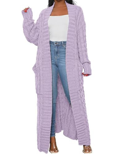 LIVECLOTH Womens Stylish Cable Knit Dual Pocket Chunky Cardigan, Light Purple Sweaters for Women Cardigan, Long Sleeve Thick Sweaters for Women Cardigan Open Front Jacket Coat (Light Purple, L) | Amazon (US)