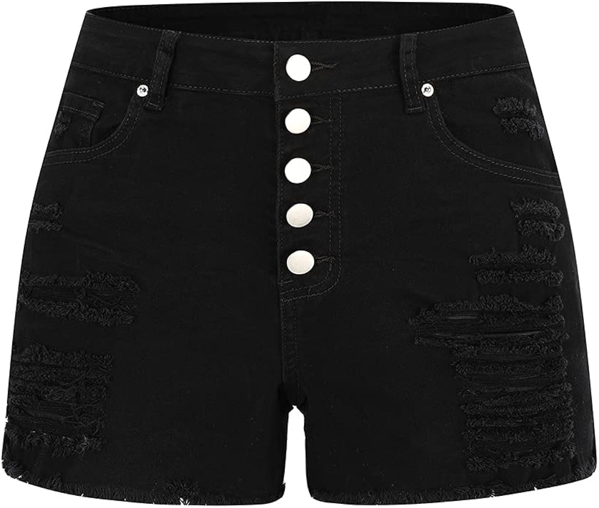 THUNDER STAR Women Mid Rise Ripped Stretchy Jeans Shorts Frayed Raw Hem Casual Denim Shorts | Amazon (US)