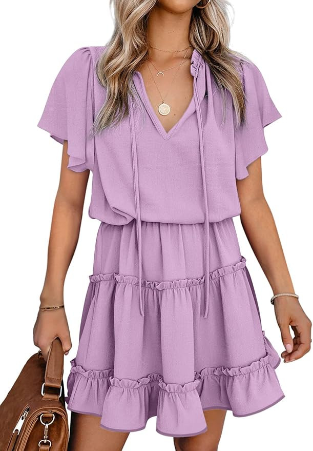 Dokotoo Womens 2023 Short Sleeve Split V Neck Ruffle Chiffon Elegant Mini Short Skirt Dresses | Amazon (US)