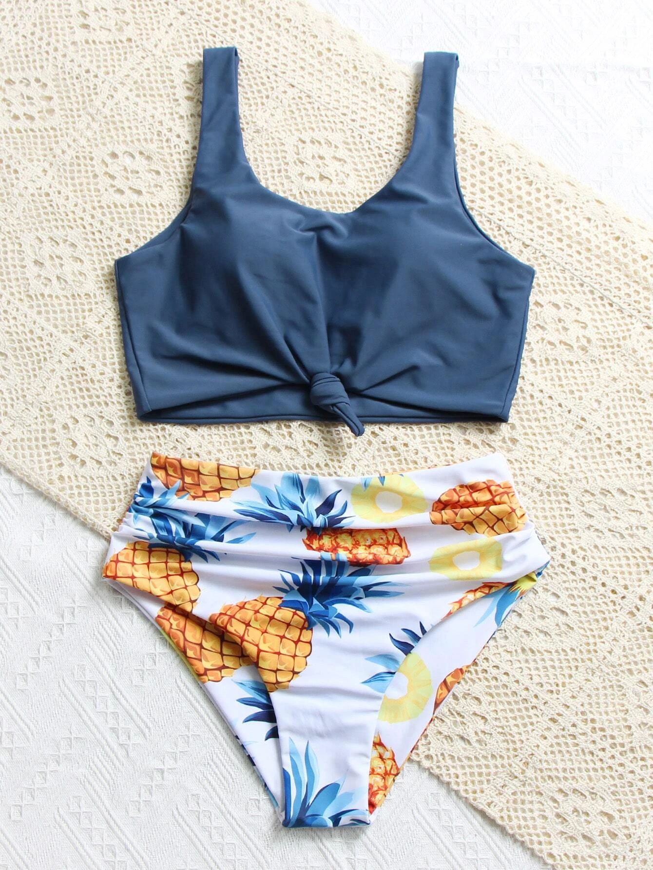 Pineapple Print Knot Hem Ruched Bikini Swimsuit | SHEIN