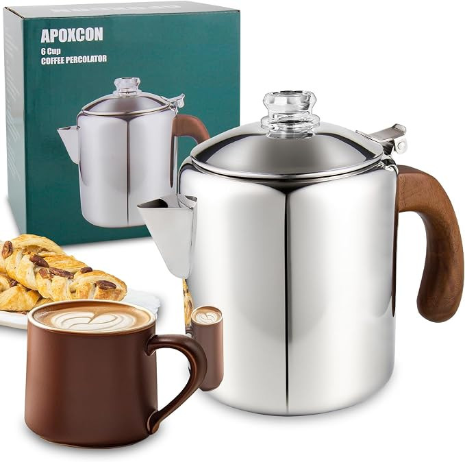 APOXCON Coffee Percolator Stainless Steel Coffee Maker with Fireproof Solid Wood Handle & Tough G... | Amazon (US)