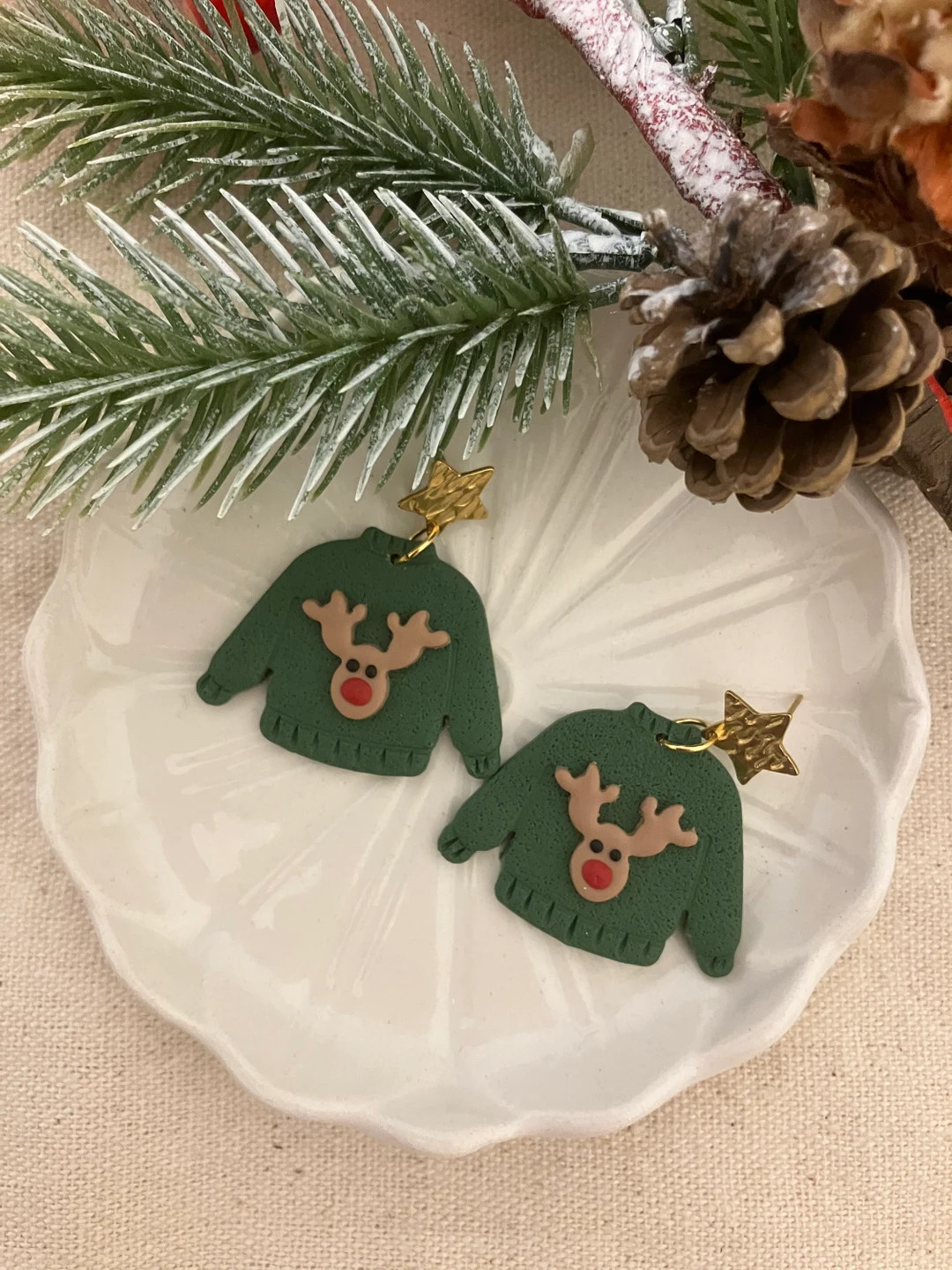 Polymer Clay Ugly Sweater Earrings, Green Reindeer Sweater Earrings, Christmas Earrings, Holiday ... | Etsy (US)