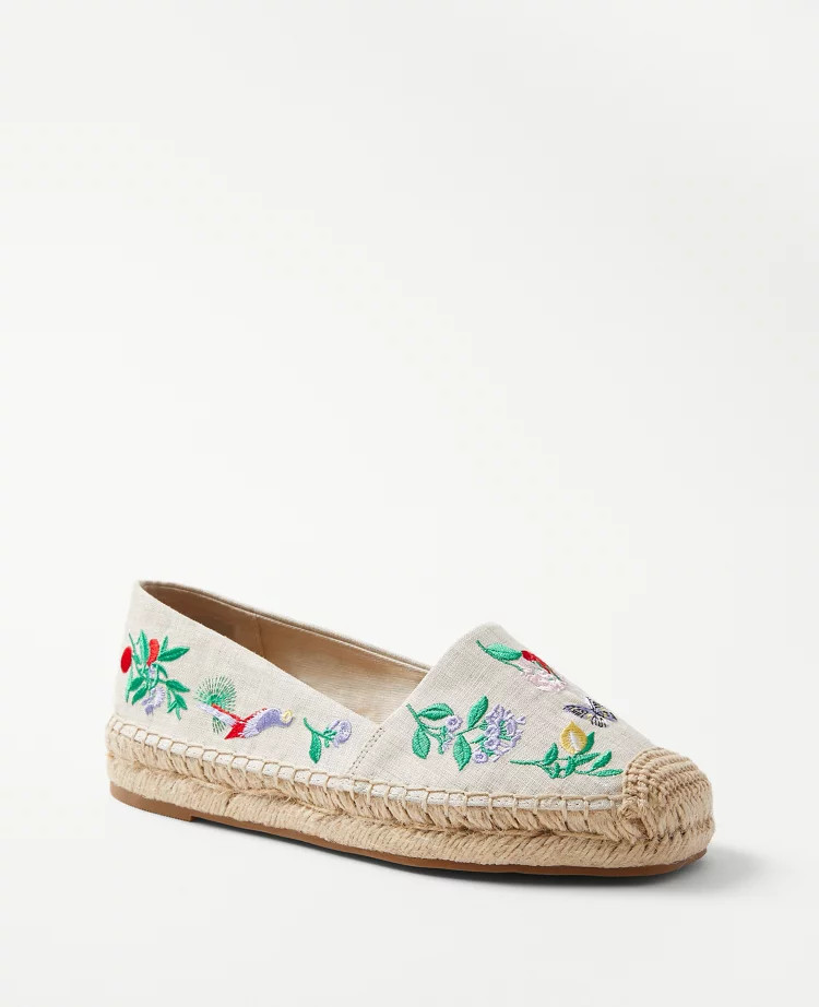 Embroidered Floral Linen Blend Espadrilles | Ann Taylor (US)