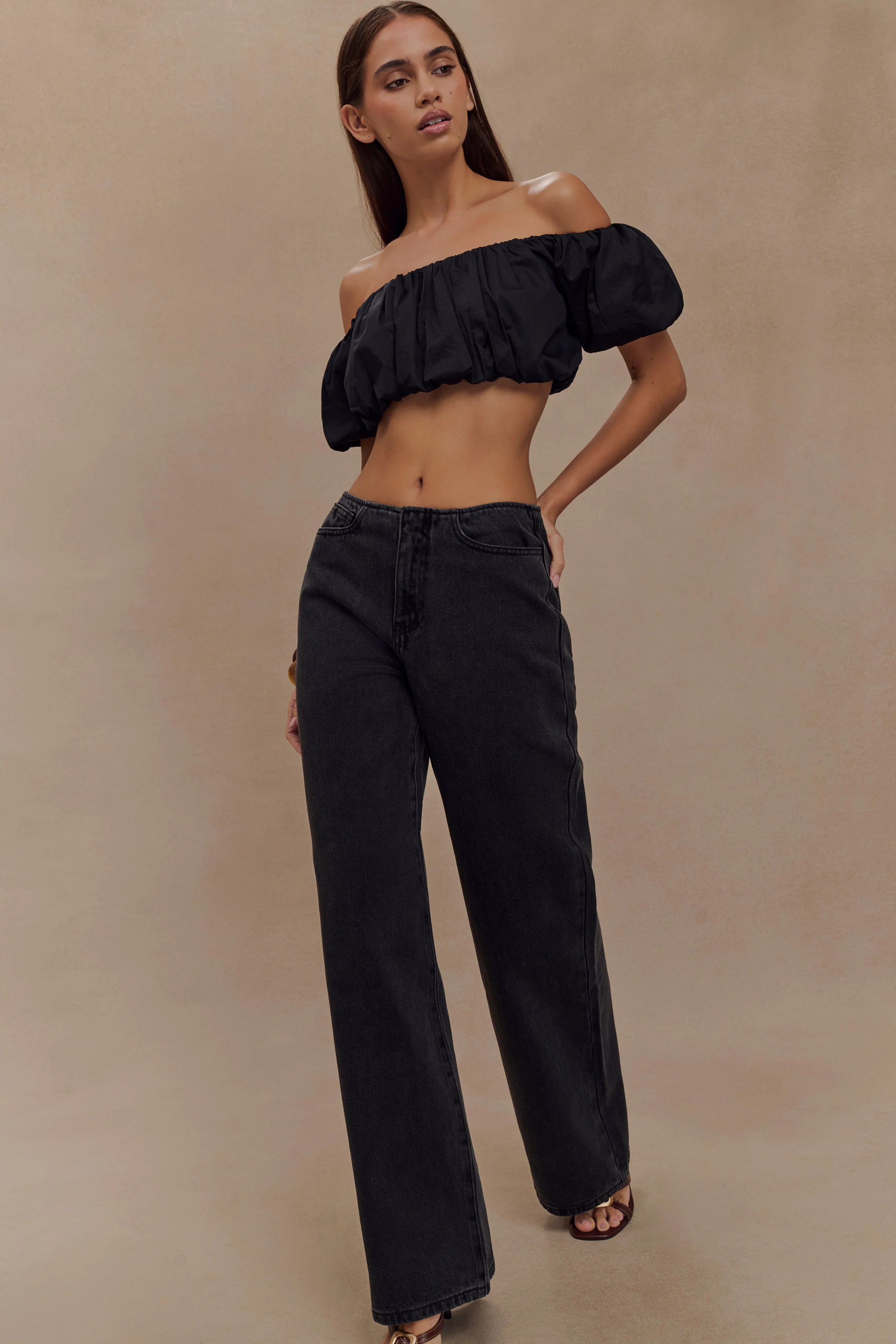 Caitlin Mid Rise Denim Flare Jeans - Washed Black | MESHKI US