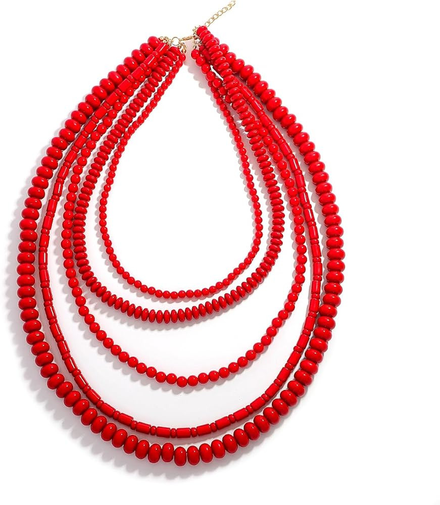 Bold Multi-Layer Red Beaded Necklace for Women, Bohemian Chunky Layered Statement Red Strand Neck... | Amazon (US)