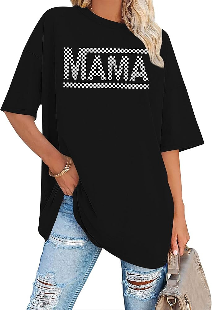 LAZYCHILD Mama Oversized Shirts for Women: Mom Oversized Graphic T-Shirt Mama Letter Print Short ... | Amazon (US)