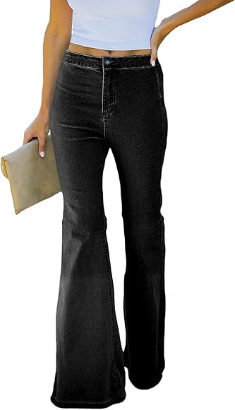 Sidefeel Women Destroyed Flare Jeans Elastic Waist Bell Bottom Raw Hem Denim Pants | Amazon (US)