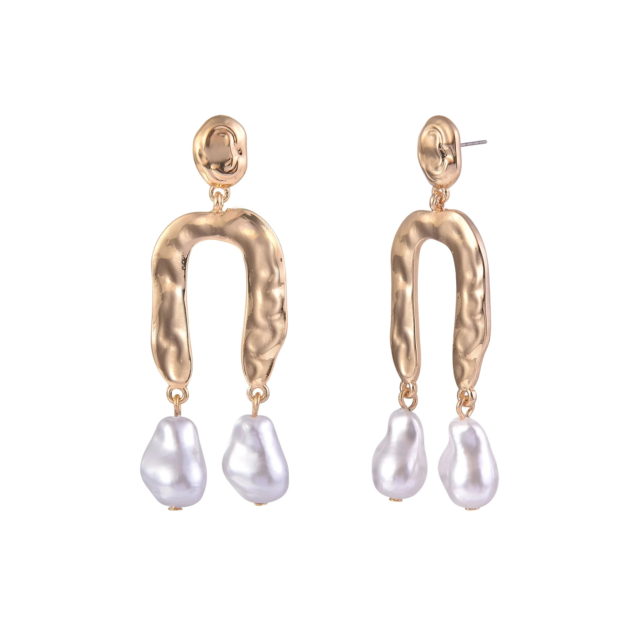 Time and Tru Women's Hammered Metal Acrylic Pearl Goldtone Post Drop Earrings | Walmart (US)