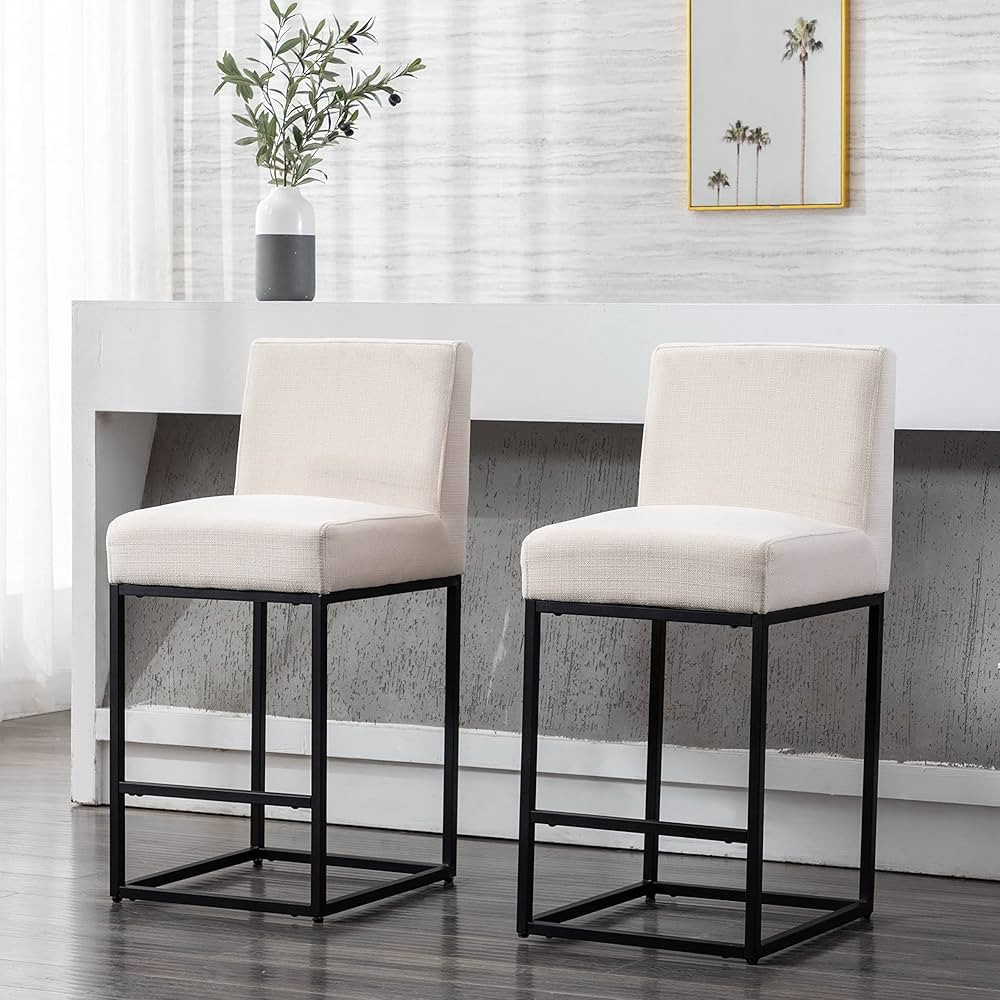 27" Height Cream Fabric Bar Stools Set of 2 Counter Height Stools with Back and Footrest for Kitc... | Amazon (US)