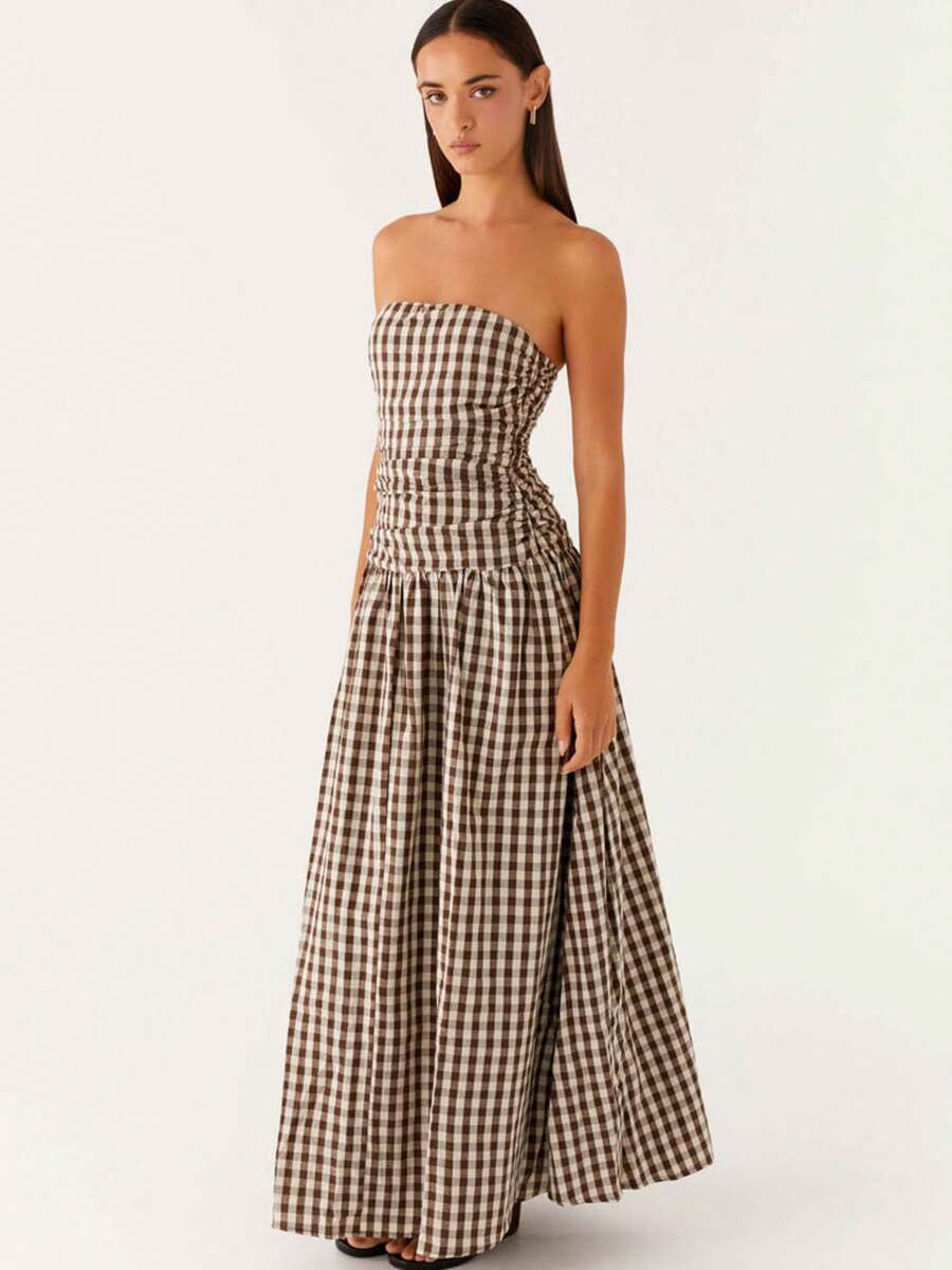 Women Tube Long Dress Ruched Boat Neck Backless Sleeveless Strapless Flowy Dresses | SHEIN