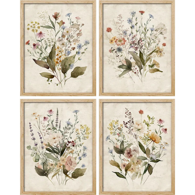 SIGNLEADER Vintage Wildflowers Bouquet Antique Botanical Floral Pictures Framed Paper 4 Pieces Pr... | Wayfair North America