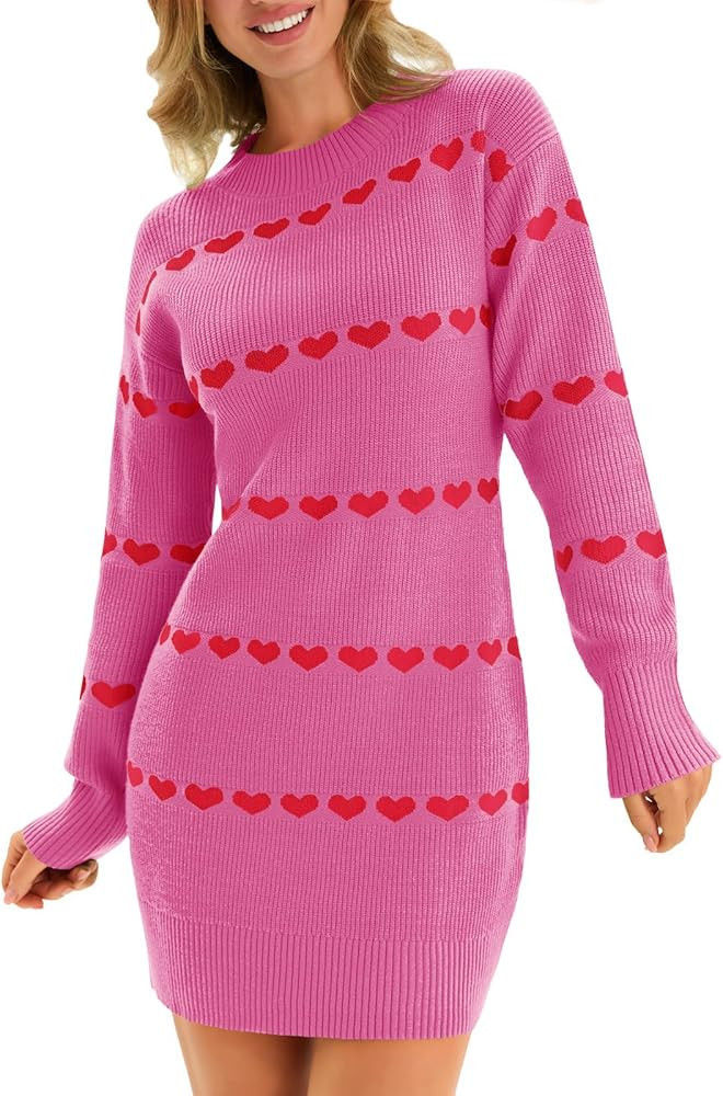 Wenrine Womens Long Sleeve Sweater Dress Fall Knit Heart Crewneck Cute Valentines Bodycon Mini Dr... | Amazon (US)