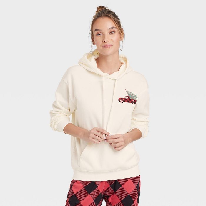 Women's Holiday Flannel Truck Hooded Graphic Sweatshirt - Ivory | Target