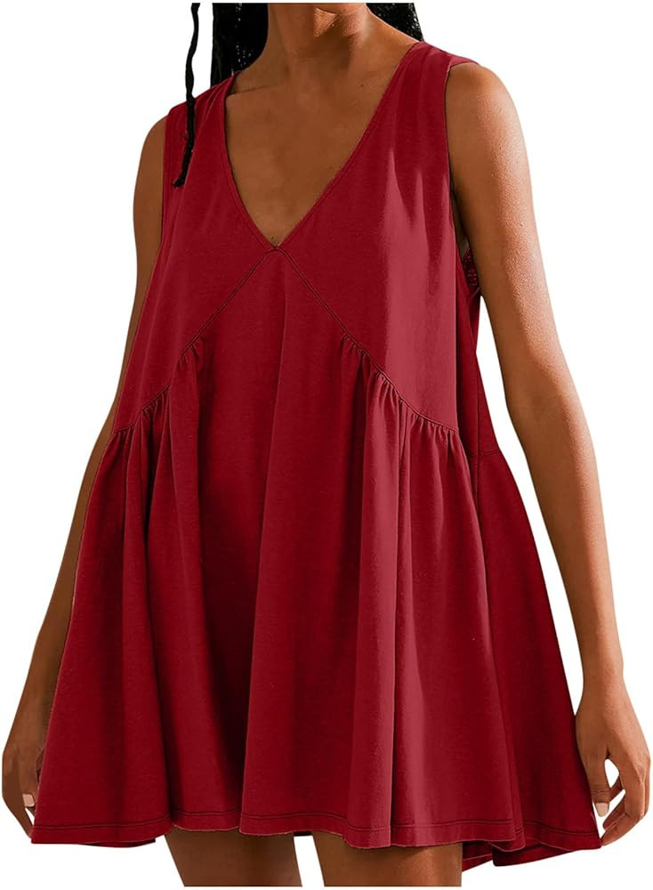 Sundresses for Women 2024, Sleeveless Mini Short Summer Dresses, Casual Loose V Neck Beach Sundre... | Amazon (US)