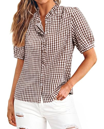 siliteelon Women Plaid Shirt Gingham Short Sleeve Top Button Down Ruffle V Neck Dress Shirts Cott... | Amazon (US)