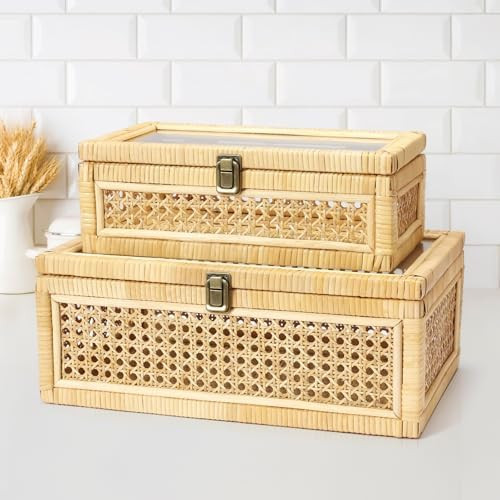 Rattan Decorative Box with Lid, Set of 2 Wicker Storage Baskets, Rectangular Woven Stacking Displ... | Amazon (US)