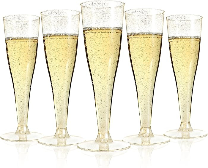 25 Pack Champagne Flutes Plastic, 4.5 oz Gold Glitter Plastic Disposable Stemware, Disposable Cha... | Amazon (US)