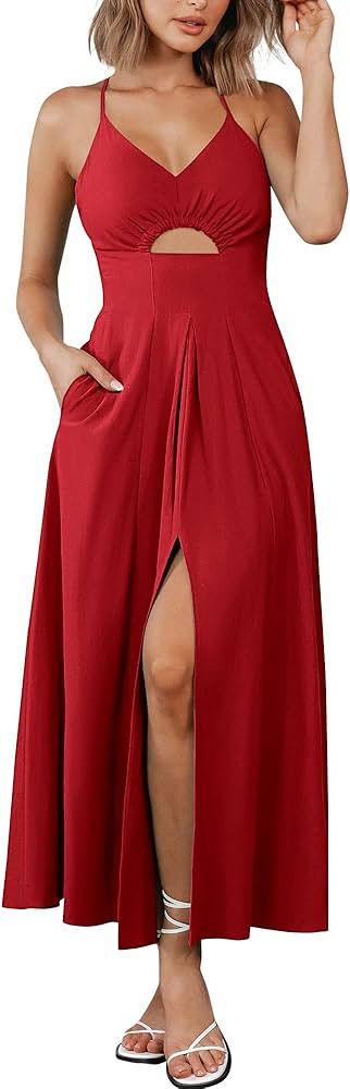 BTFBM Women 2024 Summer Spaghetti Strap Dress Sleeveless V Neck Cutout Slit Casual Beach Party Ma... | Amazon (US)