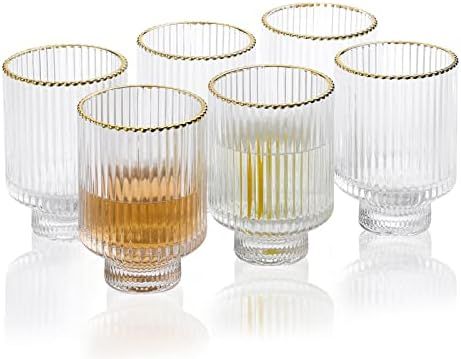 Tiara Optic Swirl Origami Style Glass Cup 11.5 oz Set of 6 with Gold Rim Vintage Clear Ribbed Drinki | Amazon (US)