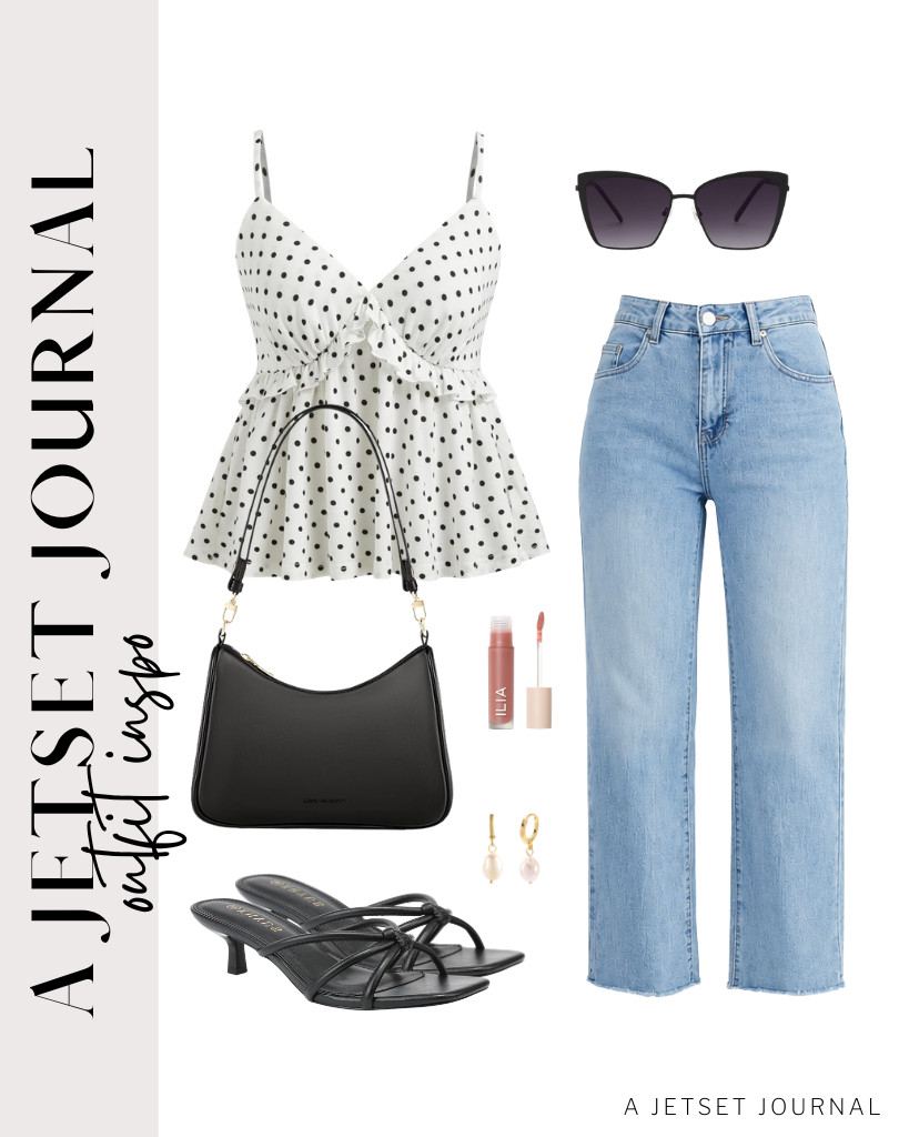 This white CIDER polka-dot top and lightwash jeans from GRAPENT are our first outfit combination in this collection. You can go for these kitten heels and the LONG VACATION shoulder bag. We've been obsessed with ILIA lip gloss lately, and it’s the perfect way to finish this look.

#LTKSeasonal #LTKSaleAlert #LTKTravel
 

 