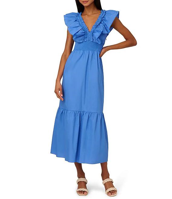 Adrianna by Adrianna Papell Ruffle V-Neck Smocked Waist Sleeveless Midi Dress | Dillard's | Dillard's