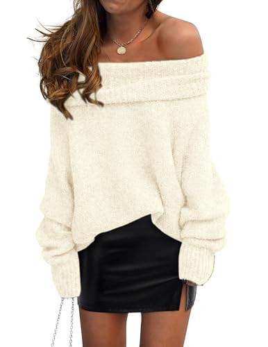 PRETTYGARDEN Women's Off The Shoulder Sweater Long Sleeve Tops 2025 Fall Loose Knit Pullover Sweaters Winter Clothes (Beige White,Medium) | Amazon (US)