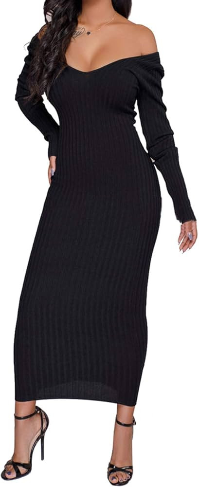 SheKiss Women's Off Shoulder Long Sleeves Bodycon Sweater Dress Sexy Knit Slim Cardigans | Amazon (CA)