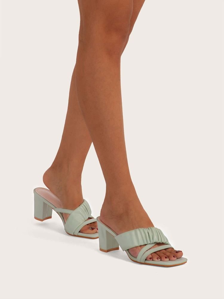 Ruched Cross Strap Chunky Heeled Mules | SHEIN