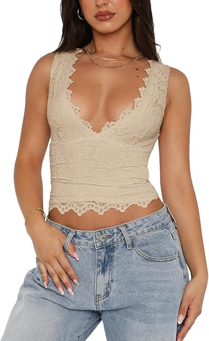 REORIA Womens Sexy V-Neck Sleeveless Double Lined Going Out Y2K Trendy Lace Cropped Tank Tops | Amazon (US)
