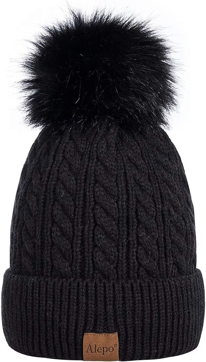 Alepo Womens Winter Beanie Hat, Warm Fleece Lined Knitted Soft Ski Cuff Cap with Pom Pom | Amazon (US)